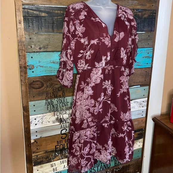 LC Lauren Conrad burgundy floral chiffon Dress M country boho cottagecore - Picture 4 of 12